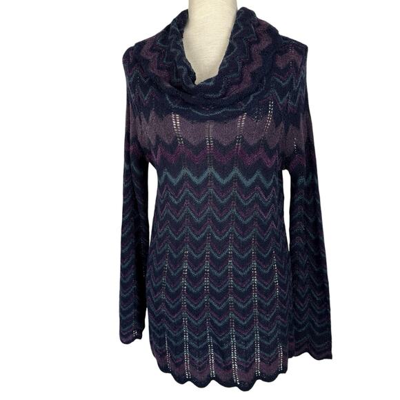 Chicos Sweater Womens 1 US M Purple Cowl Chevron Crochet Lightweight Boho Tunic - Picture 1 of 13